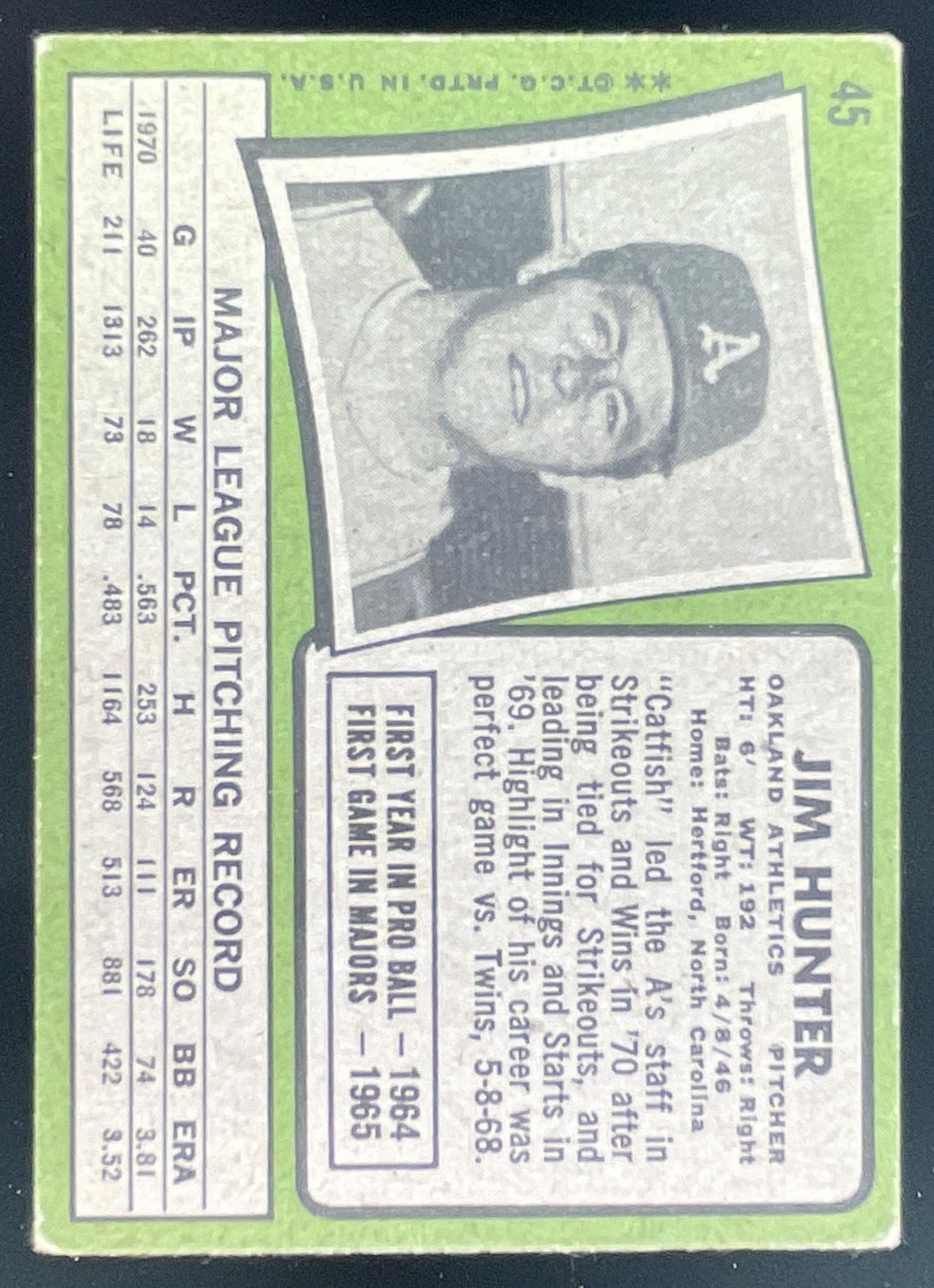 1971 Topps #45 Jim Hunter product image 2, provided for visual reference and product detail review
