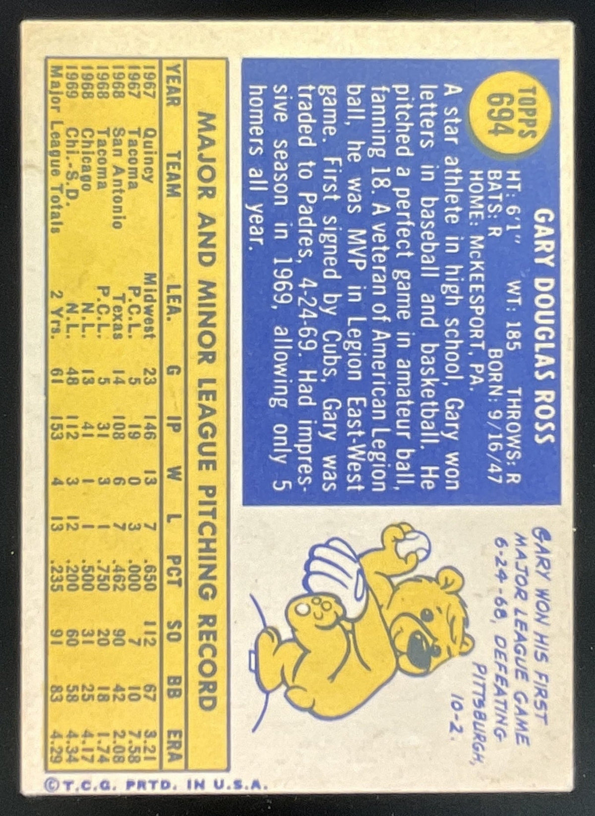 1970 Topps #694 Gary Ross product image 2, provided for visual reference and product detail review
