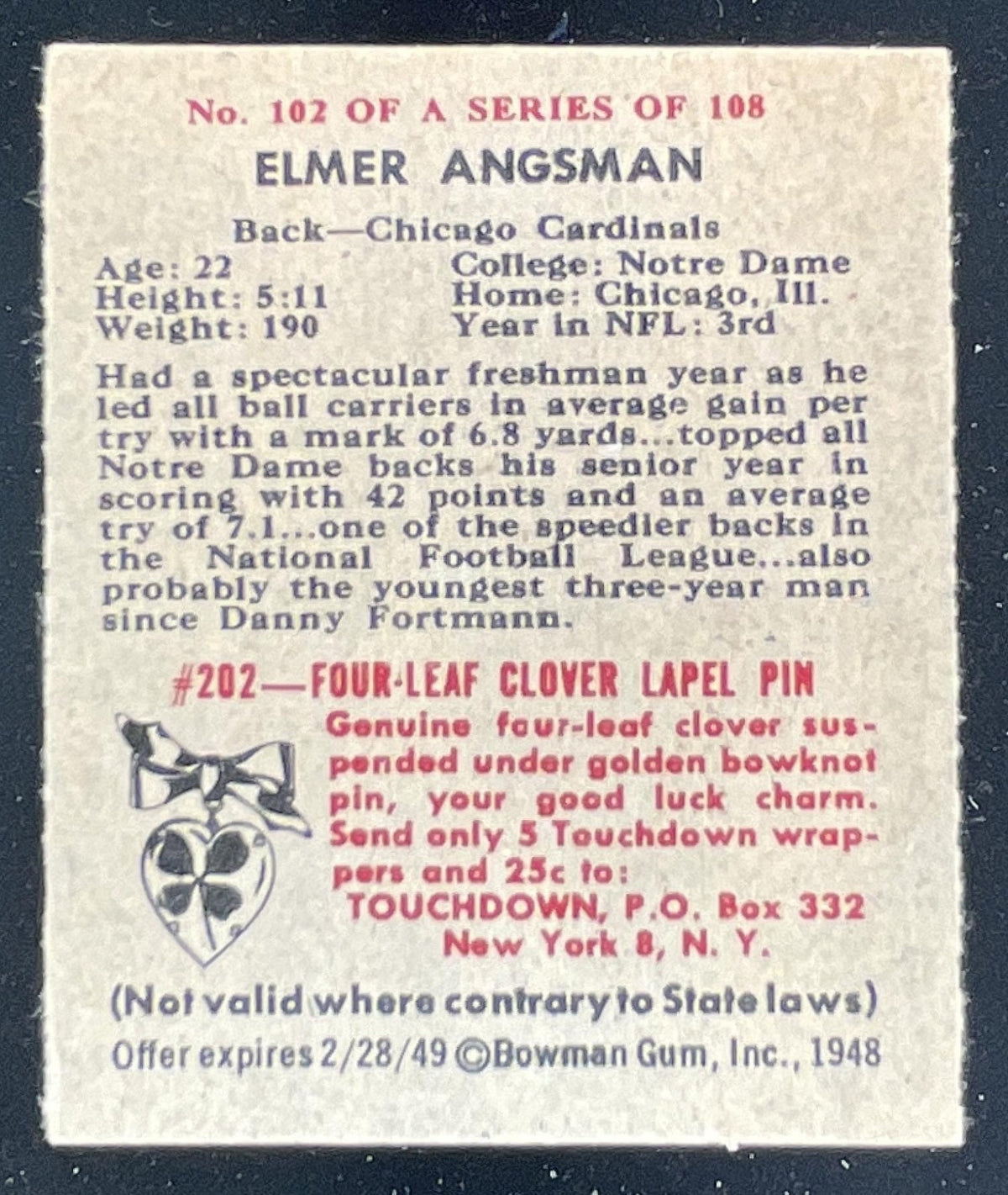 1948 Bowman #102 Elmer Angsman SP RC product image 2, provided for visual reference and product detail review