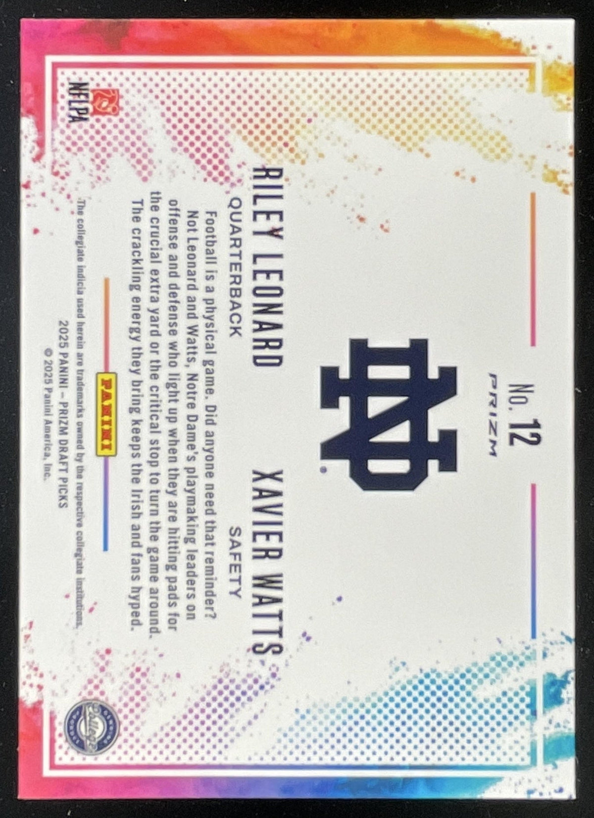 2025 Panini Prizm Draft Picks Color Blast Duals #12 Riley Leonard Xavier Watts product image 2, provided for visual