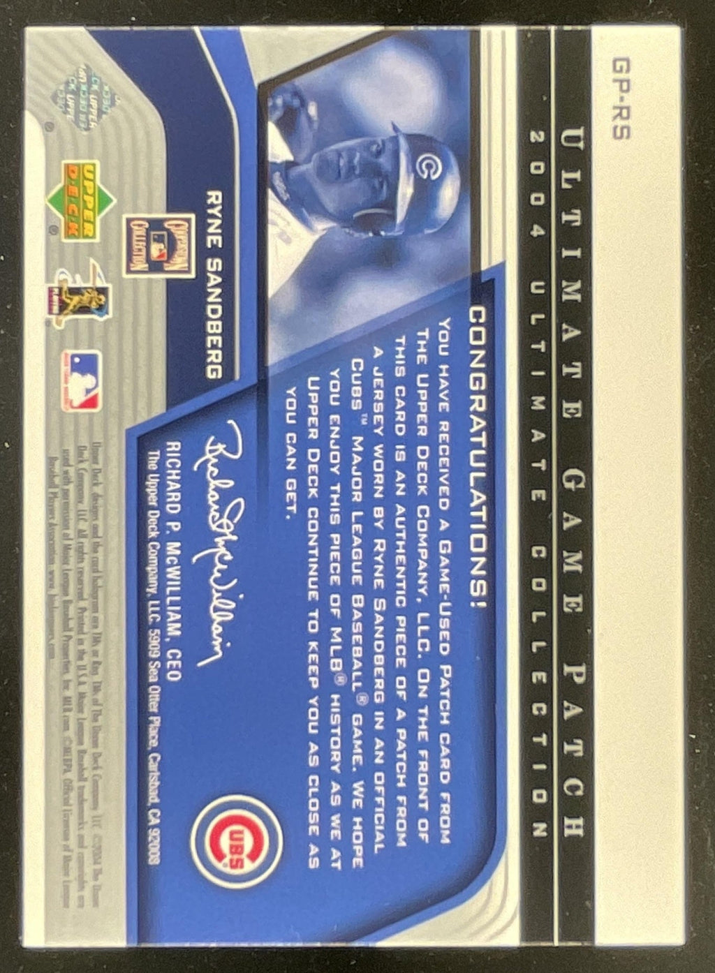 2004 Upper Deck Ultimate Collection Game Patch #GP-RS Ryne Sandberg /75 product image 2, provided for visual reference and