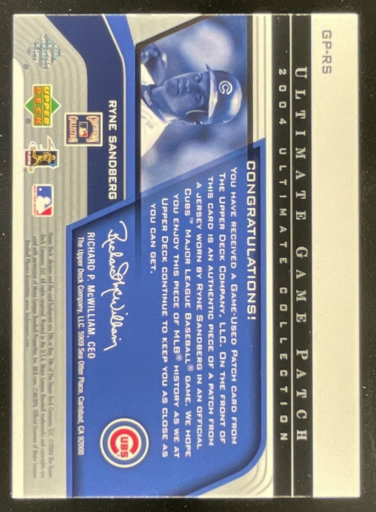 2004 Upper Deck Ultimate Collection Game Patch #GP-RS Ryne Sandberg /75 product image 2, provided for visual reference and