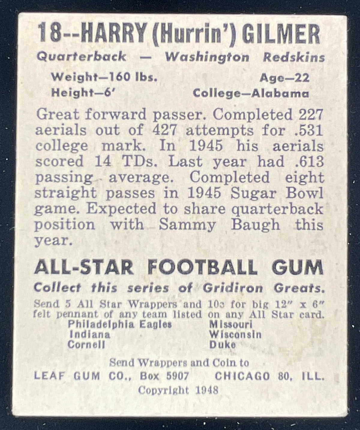 1948 Leaf #18 Harry Gilmer UER RC product image 2, provided for visual reference and product detail review