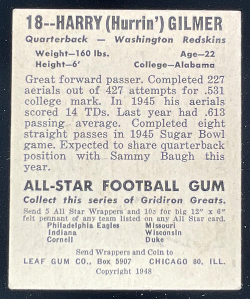 1948 Leaf #18 Harry Gilmer UER RC product image 2, provided for visual reference and product detail review