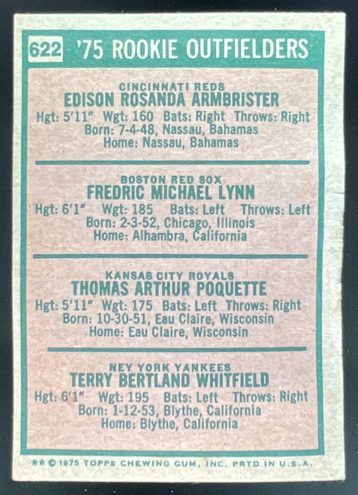 1975 Topps #622 Ed Armbrister Fred Lynn Tom Poquette Terry Whitfield UER RC product image 2, provided for visual reference