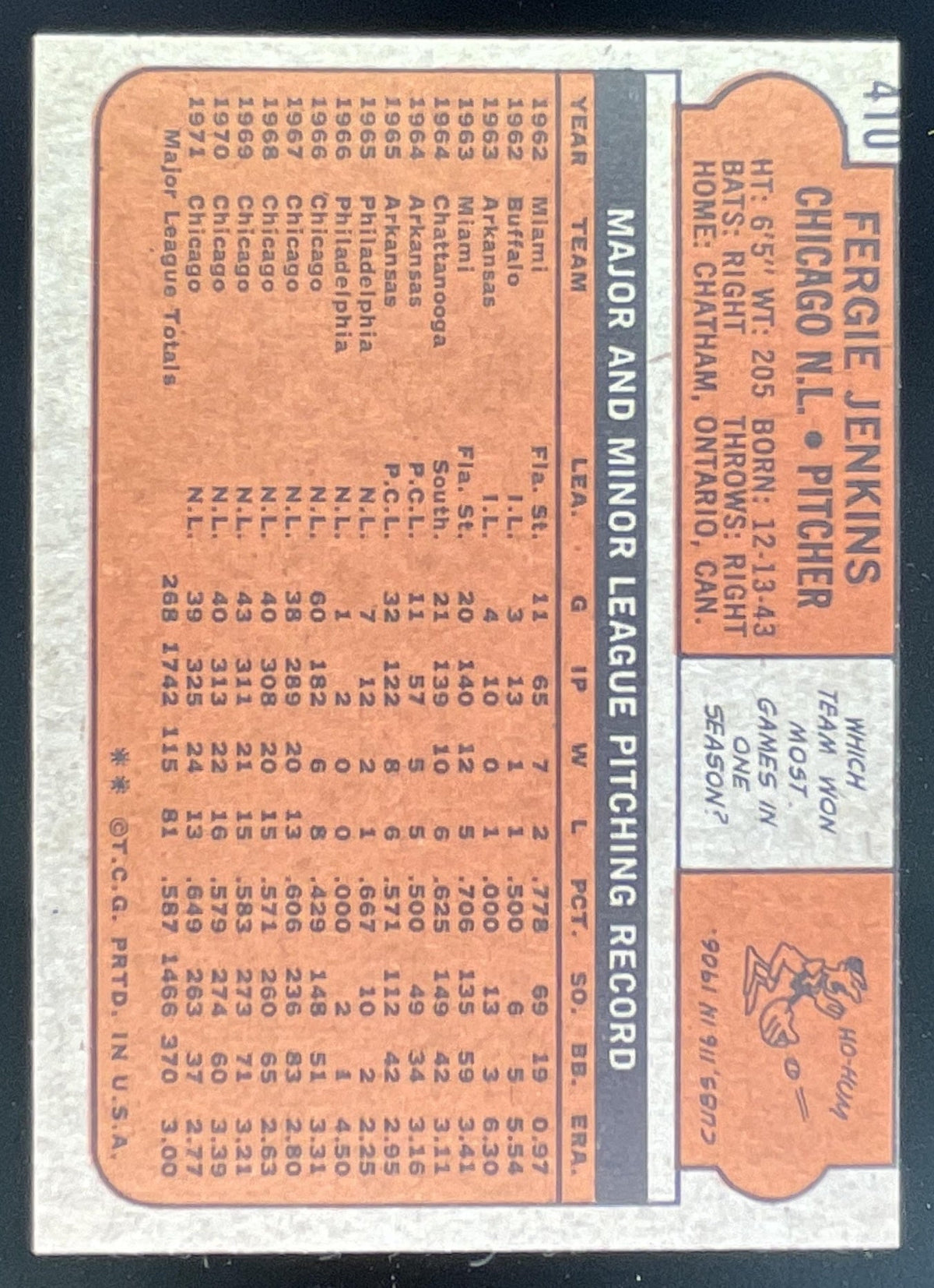 1972 Topps #410 Fergie Jenkins product image 2, provided for visual reference and product detail review