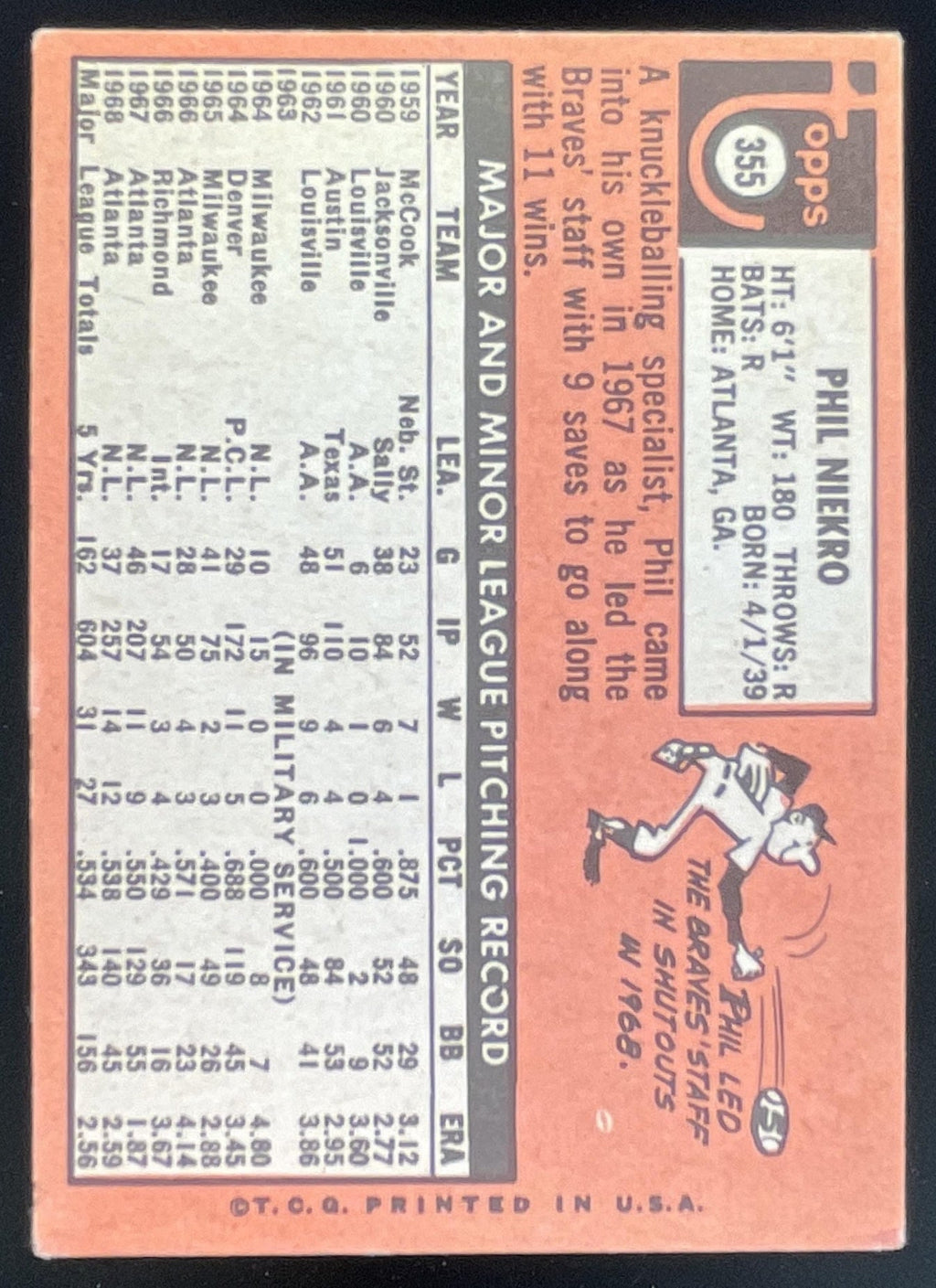 1969 Topps #355 Phil Niekro product image 2, provided for visual reference and product detail review