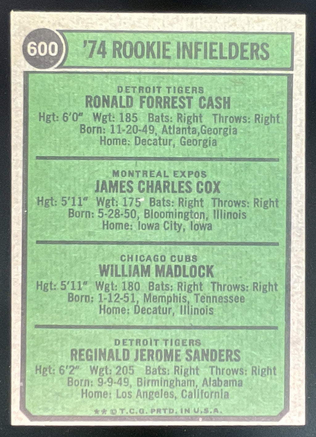 1974 Topps #600 1974 Rookie Ron Cash Jim Cox Bill Madlock Reggie Sanders RC product image 2, provided for visual reference
