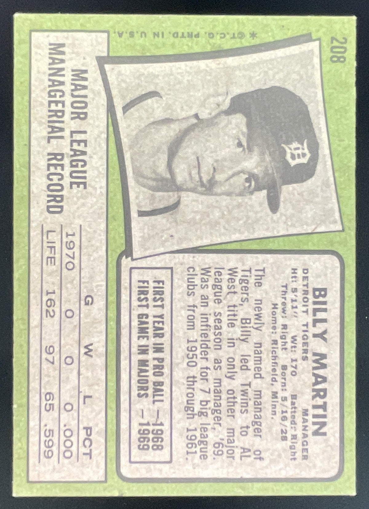 1971 Topps #208 Billy Martin product image 2, provided for visual reference and product detail review