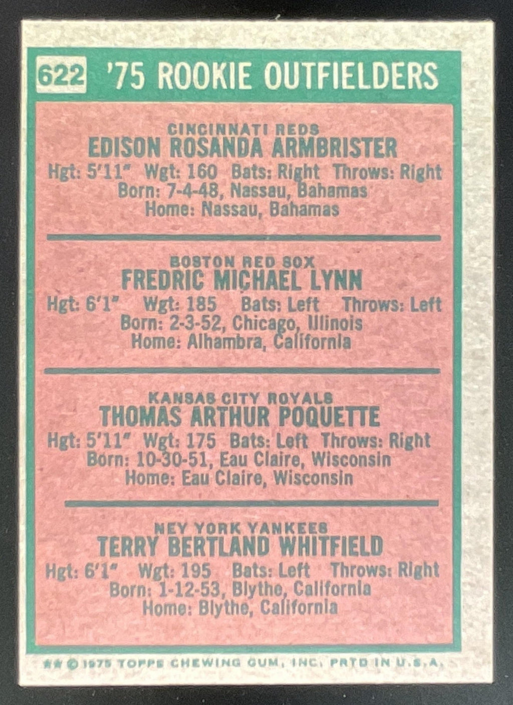 1975 Topps #622 1975 Rookie Ed Armbrister Fred Lynn Tom Poquette Terry Whitfield product image 2, provided for visual