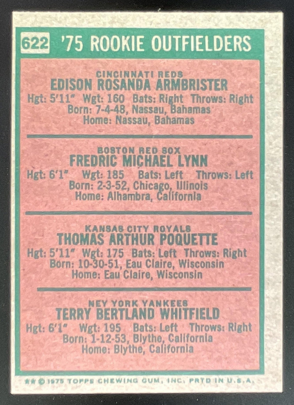 1975 Topps #622 1975 Rookie Ed Armbrister Fred Lynn Tom Poquette Terry Whitfield product image 2, provided for visual