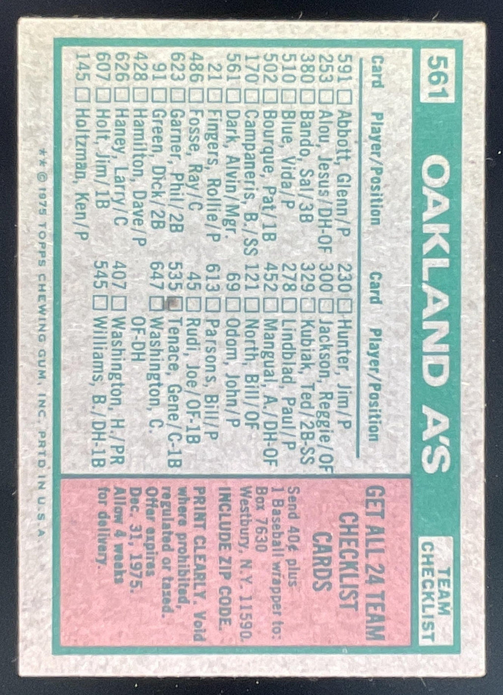 1975 Topps #561 Oakland A's Alvin Dark MGR Checklist Card Team Card product image 2, provided for visual reference and