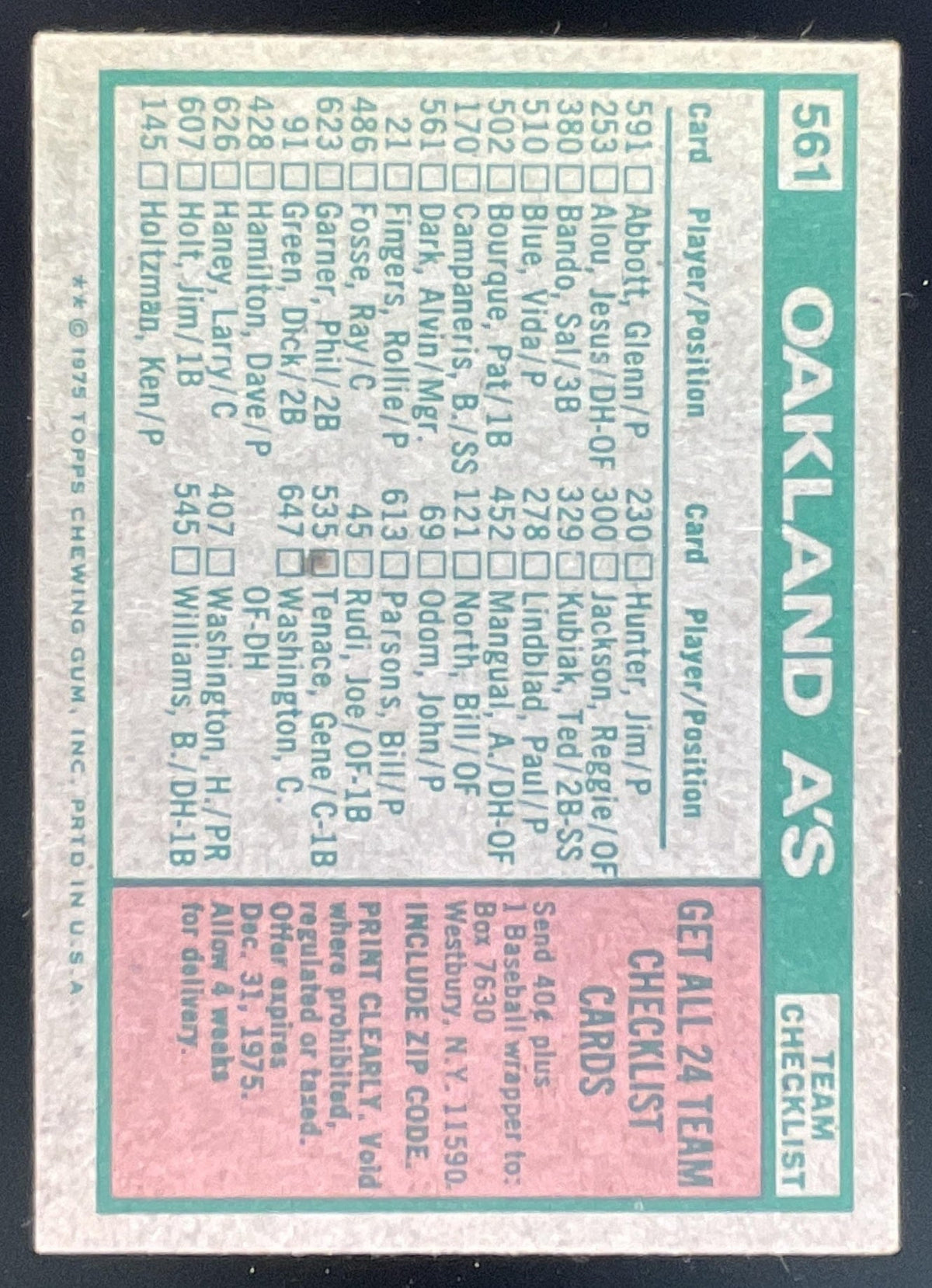 1975 Topps #561 Oakland A's Alvin Dark MGR Checklist Card Team Card product image 2, provided for visual reference and