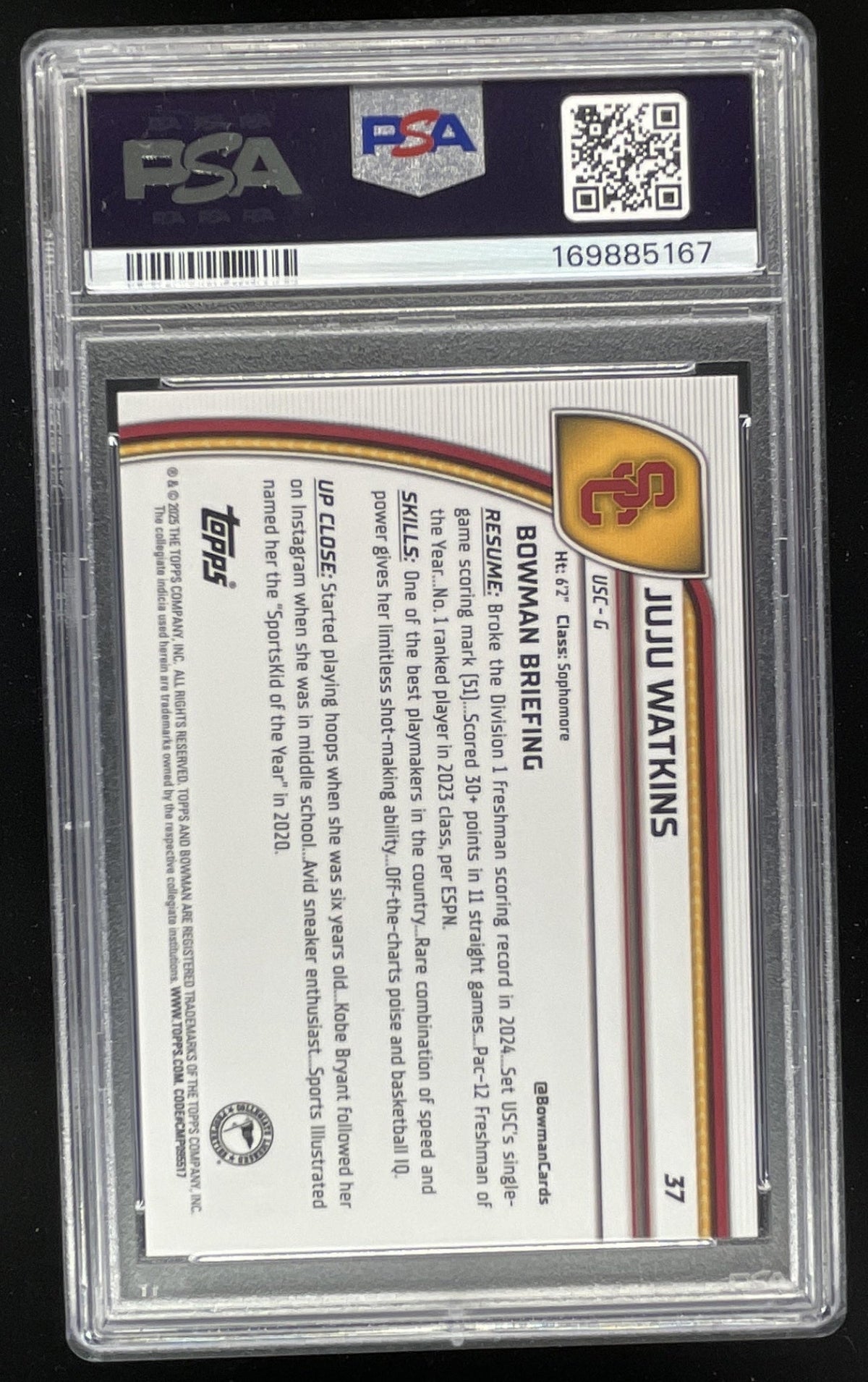 2024-25 Bowman Chrome University Black White Stealth #37 Juju Watkins /48 PSA 10 product image 2, provided for visual