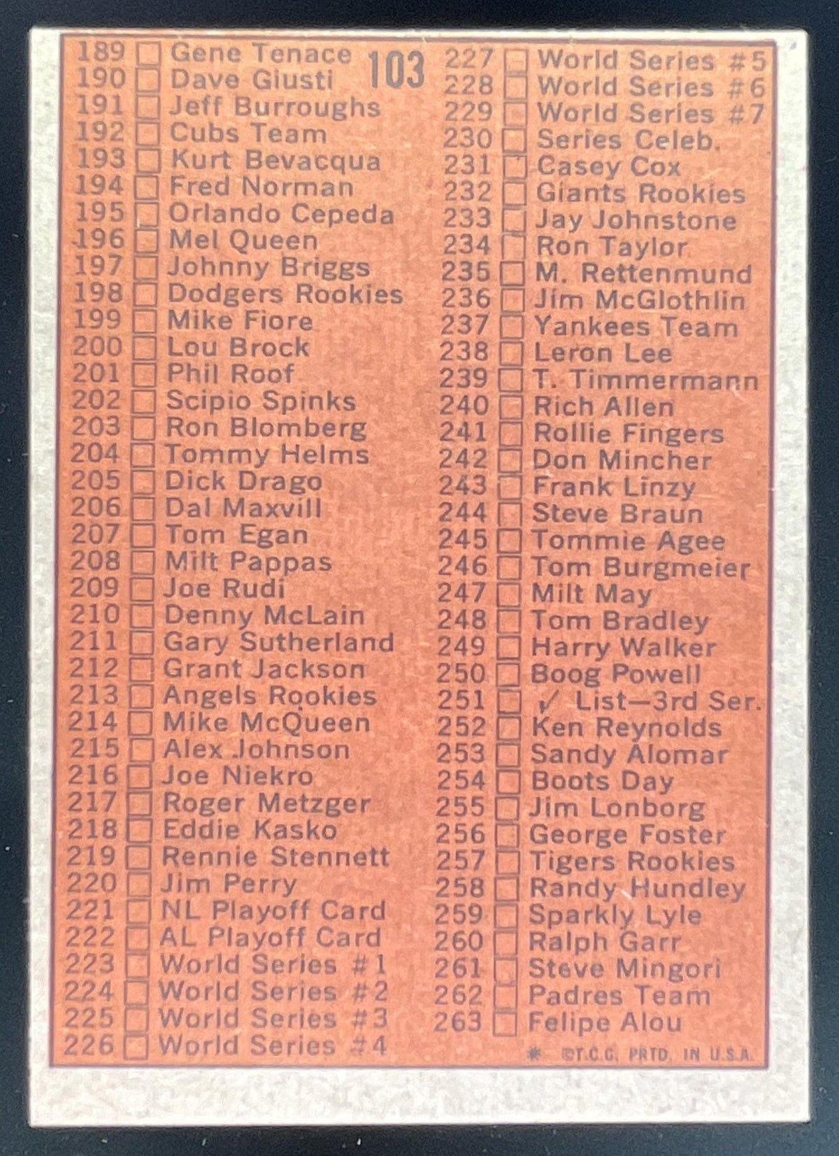 1972 Topps #103 2nd Series Checklist: 133-263 product image 2, provided for visual reference and product detail review