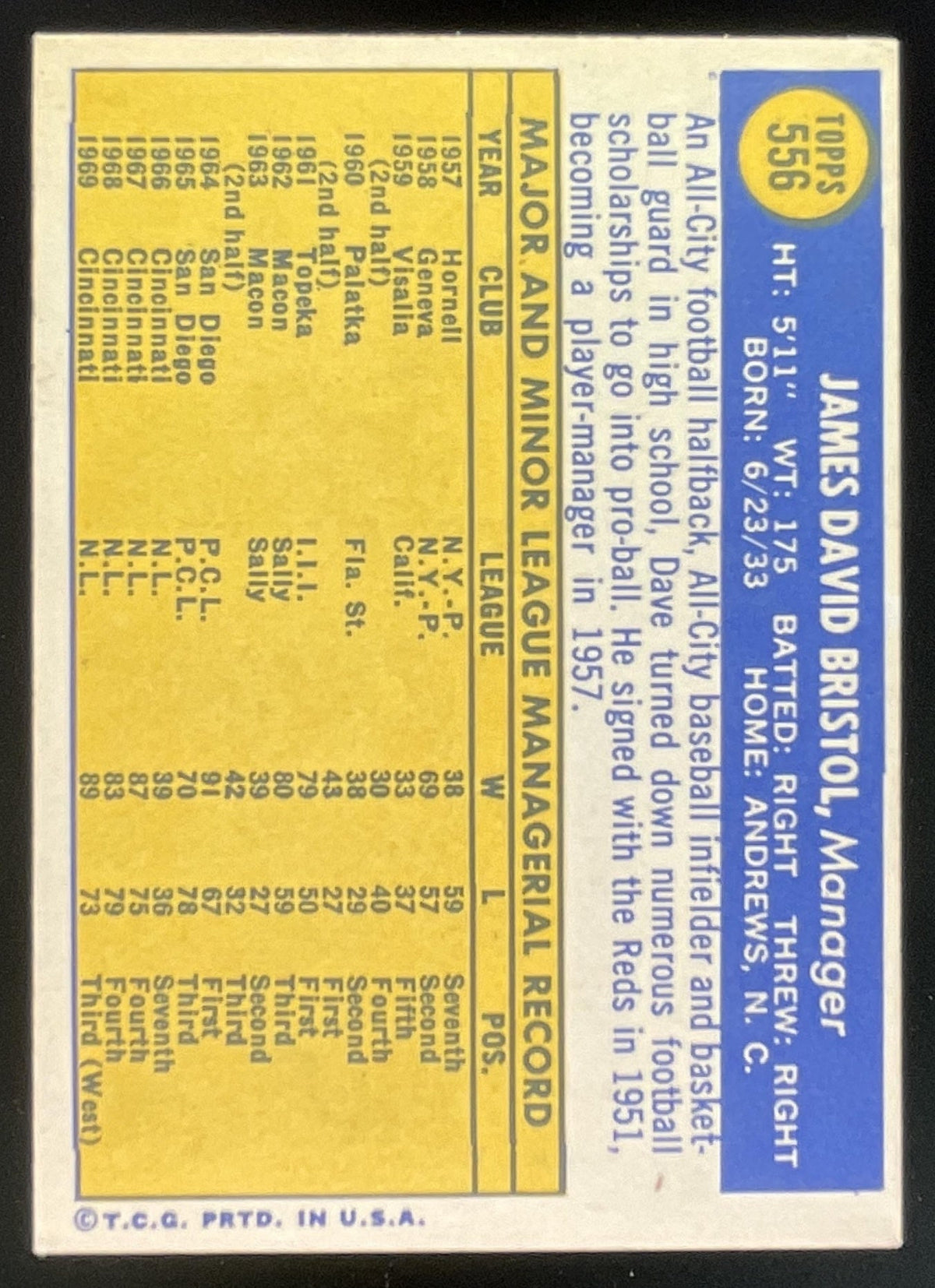 1970 Topps #556 Dave Bristol product image 2, provided for visual reference and product detail review
