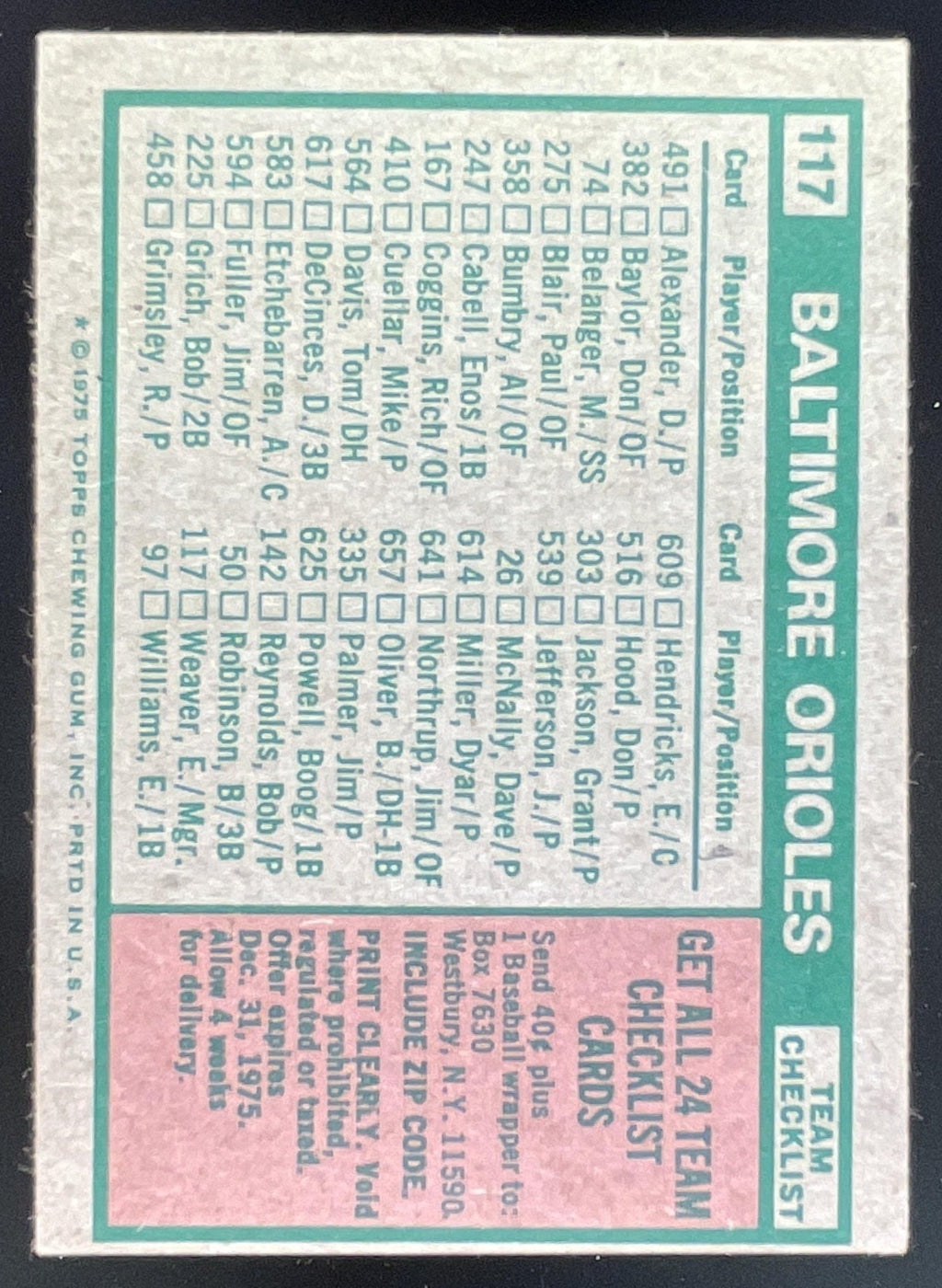 1975 Topps #117 Baltimore Orioles Earl Weaver MGR Checklist Card Team Card product image 2, provided for visual reference