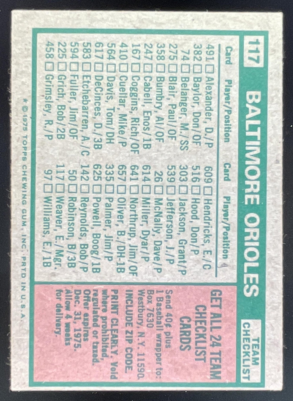 1975 Topps #117 Baltimore Orioles Earl Weaver MGR Checklist Card Team Card product image 2, provided for visual reference