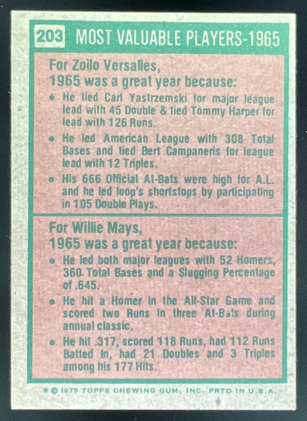 1975 Topps #203 1965s Zoilo Versalles Willie Mays MVP product image 2, provided for visual reference and product detail