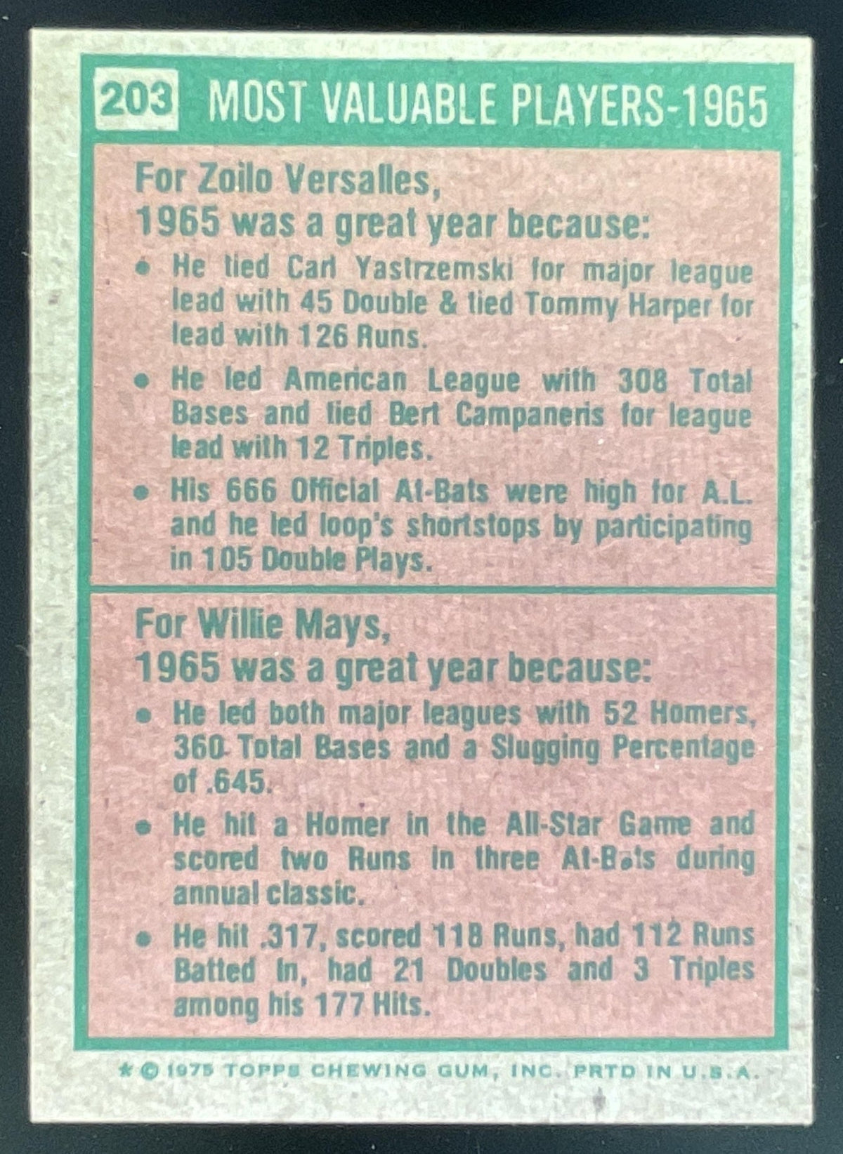 1975 Topps #203 1965s Zoilo Versalles Willie Mays MVP product image 2, provided for visual reference and product detail