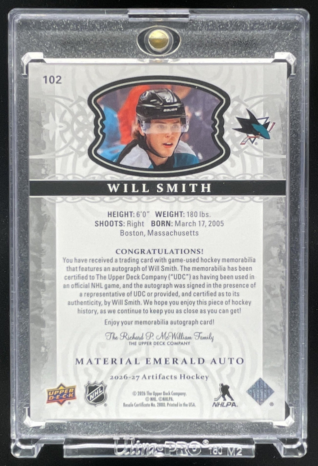2026 Upper Deck Artifacts Auto Material Emerald Stars #102 Will Smith Auto /15 product image 2, provided for visual