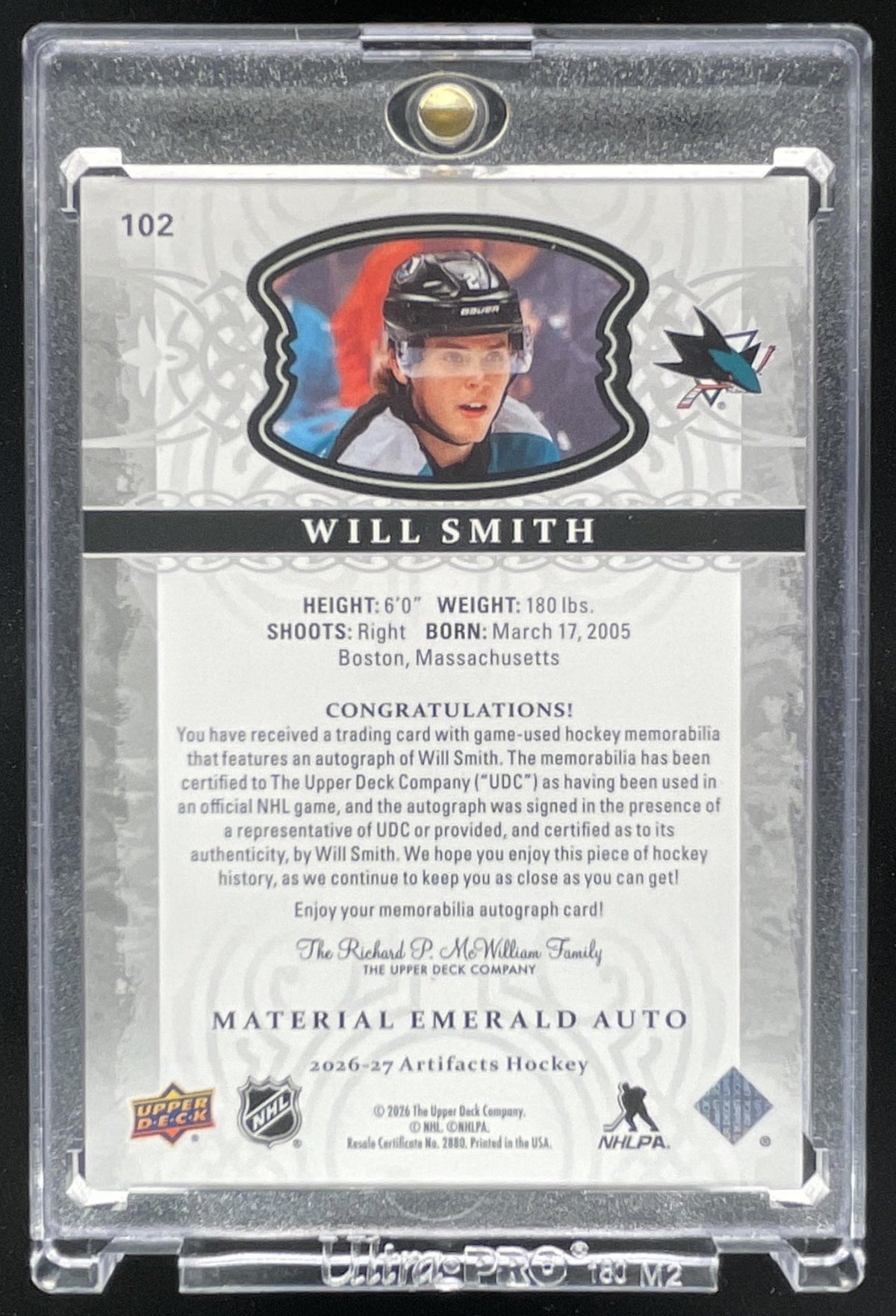 2026 Upper Deck Artifacts Auto Material Emerald Stars #102 Will Smith Auto /15 product image 2, provided for visual
