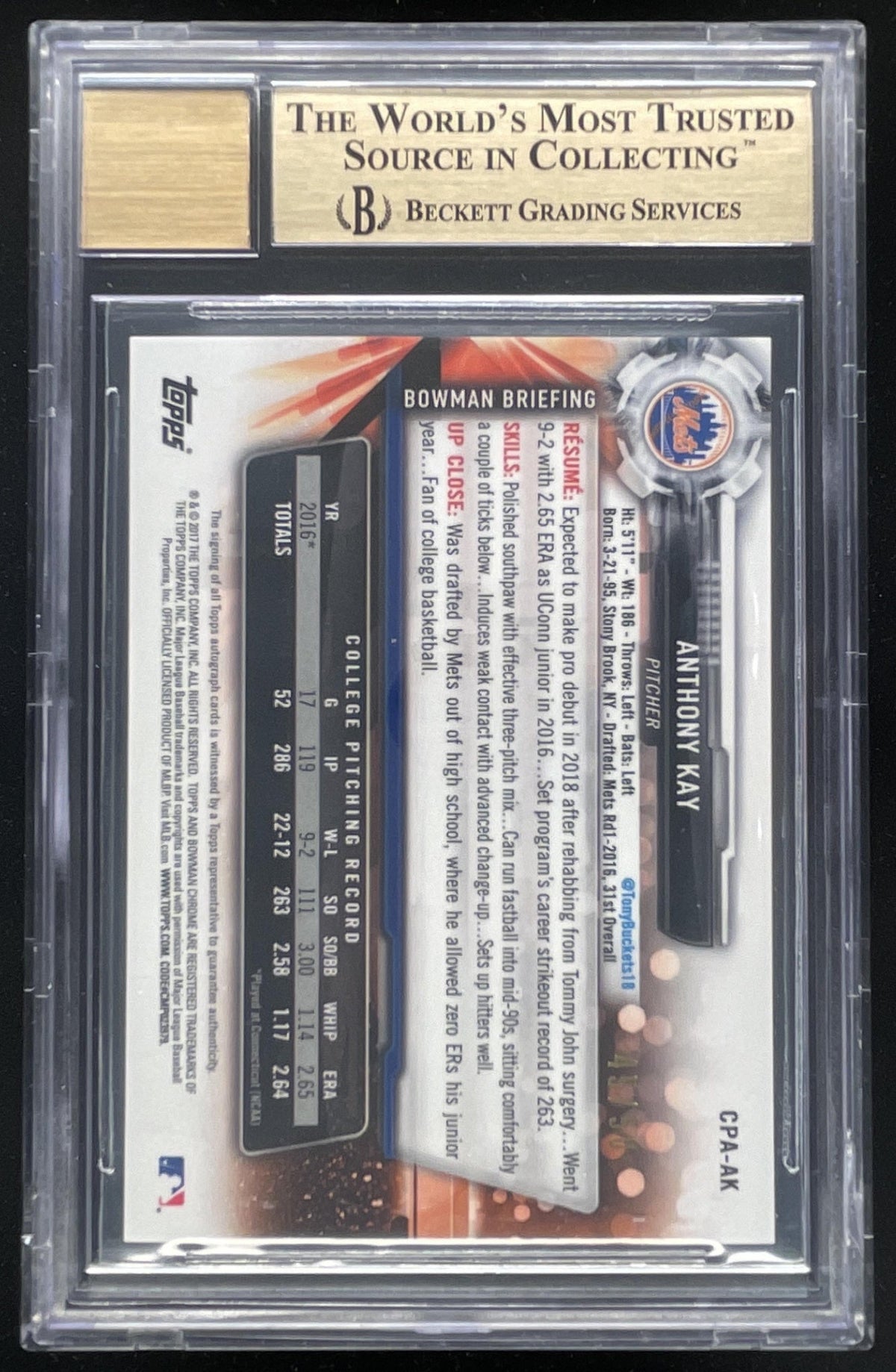 2017 Bowman Chrome Prospect #CPA-AK Anthony Kay RC Auto BGS 10 product image 2, provided for visual reference and product