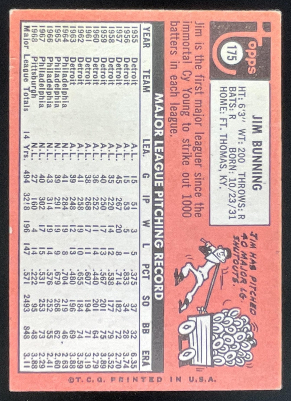1969 Topps #175 Jim Bunning product image 2, provided for visual reference and product detail review