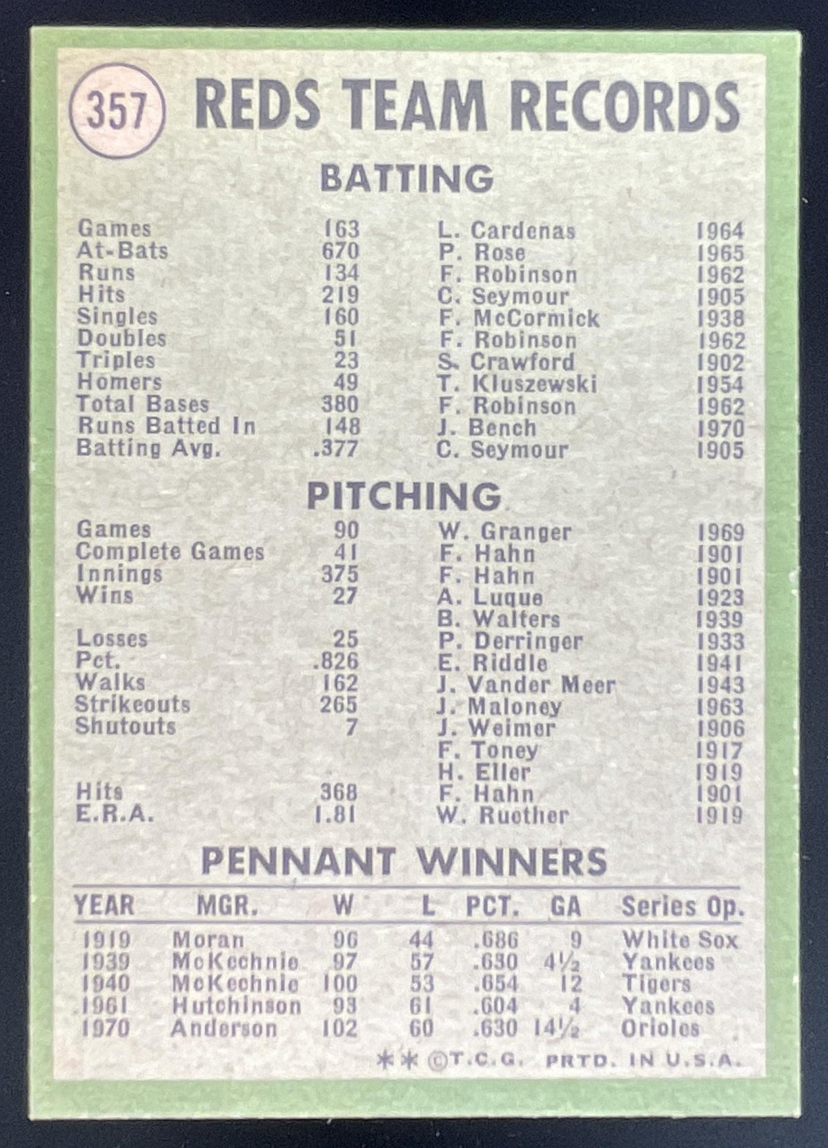 1971 Topps #357 Cincinnati Reds product image 2, provided for visual reference and product detail review