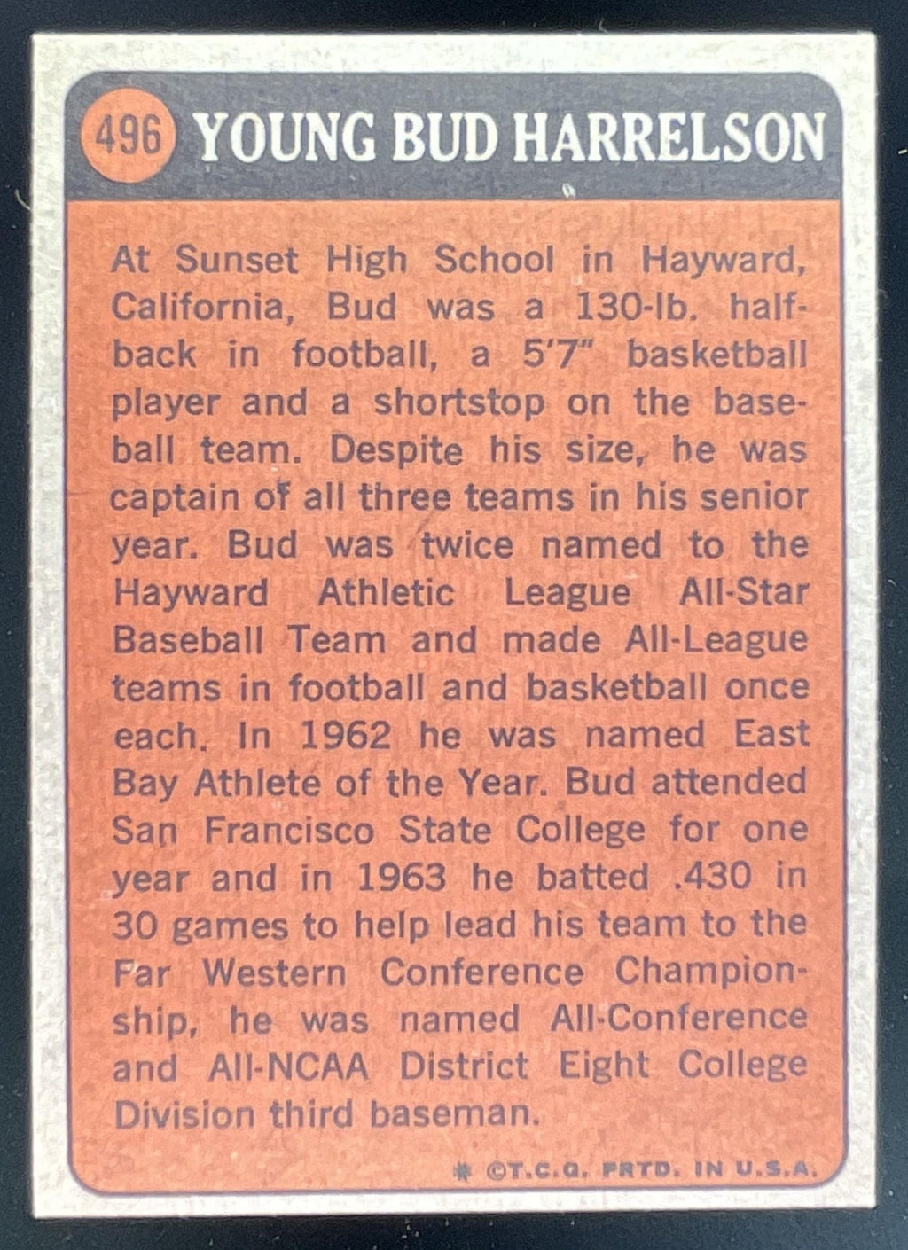 1972 Topps #496 Bud Harrelson product image 2, provided for visual reference and product detail review