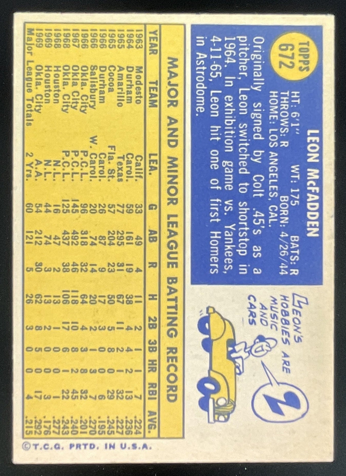 1970 Topps #672 Leon McFadden product image 2, provided for visual reference and product detail review