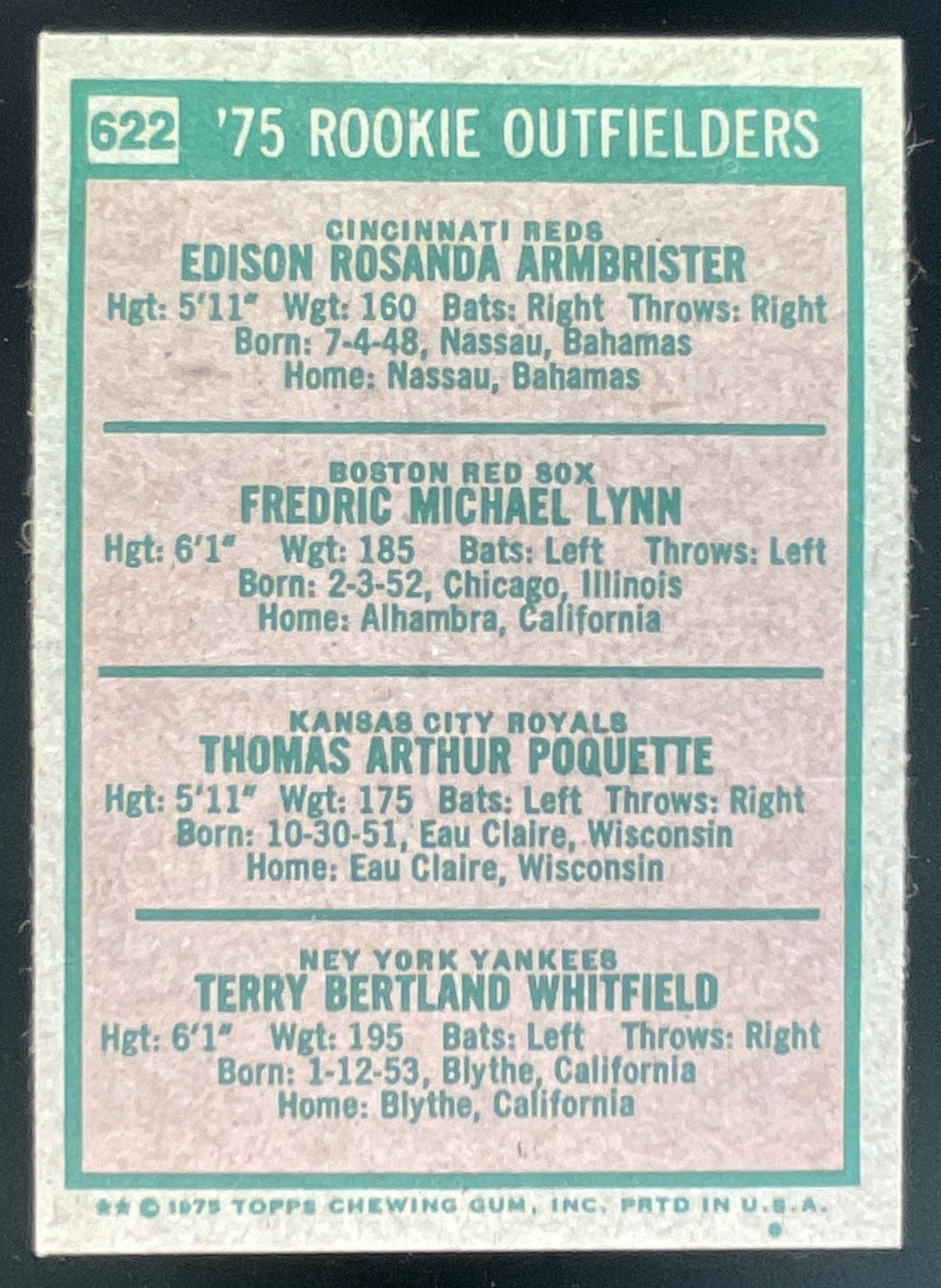 1975 Topps #622 Ed Armbrister Fred Lynn Tom Poquette Terry Whitfield UER RC product image 2, provided for visual reference