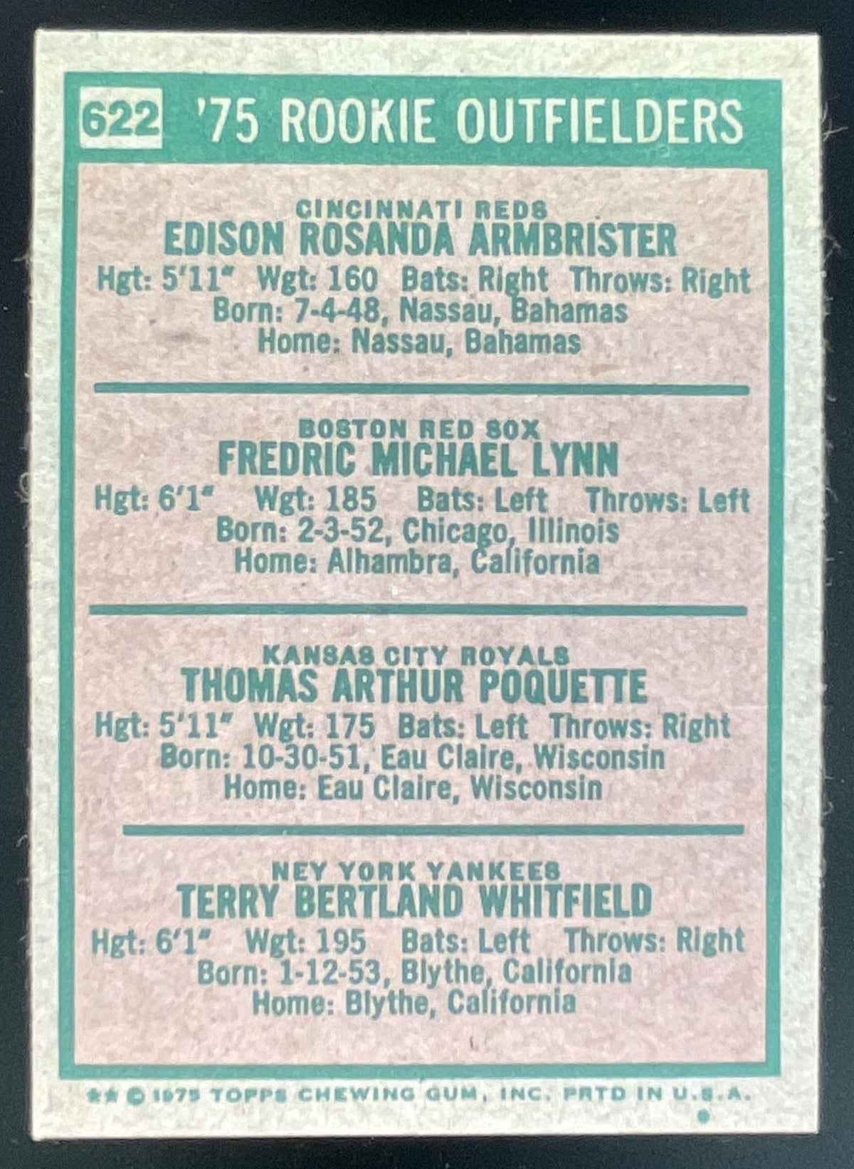 1975 Topps #622 Ed Armbrister Fred Lynn Tom Poquette Terry Whitfield UER RC product image 2, provided for visual reference