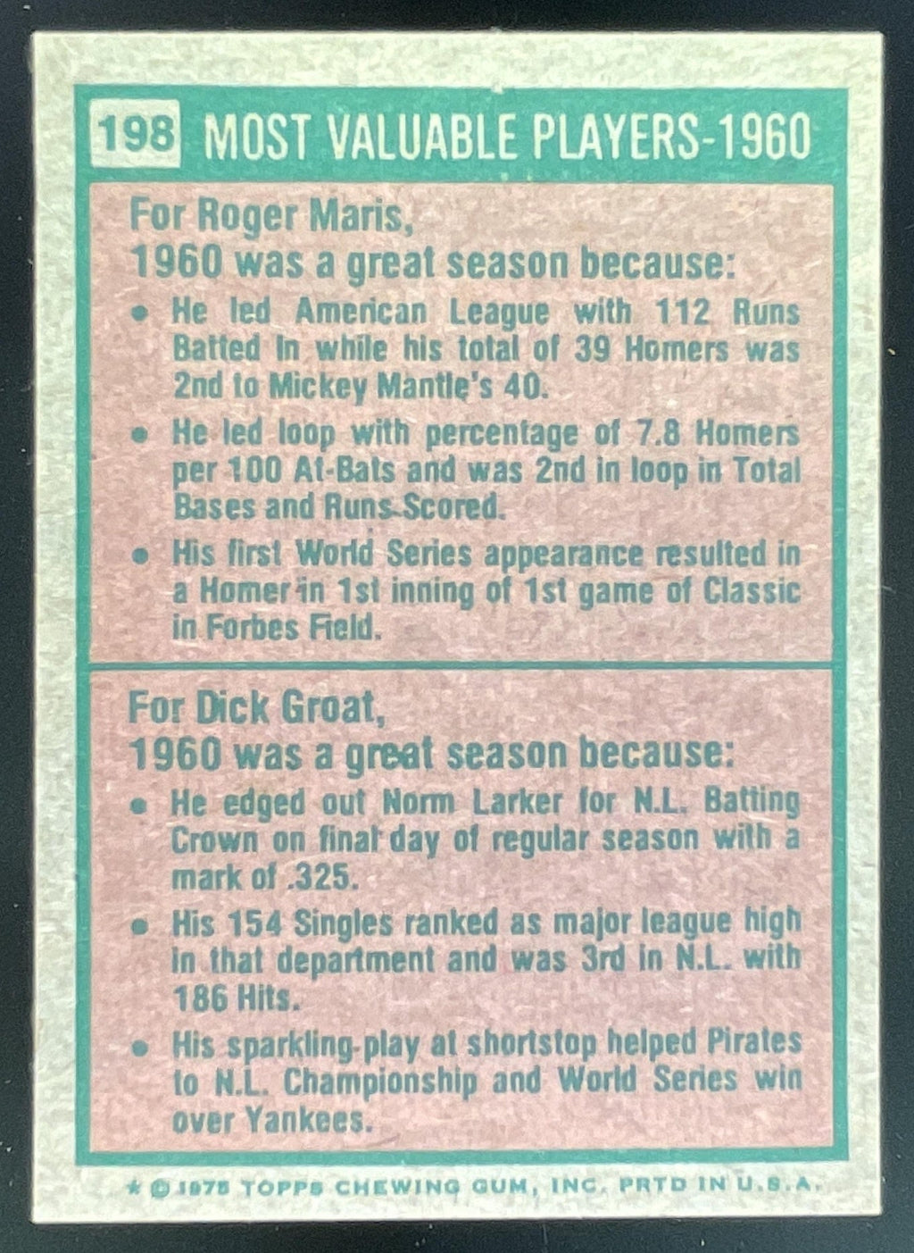 1975 Topps #198 1960s Roger Maris Dick Groat MVP product image 2, provided for visual reference and product detail review