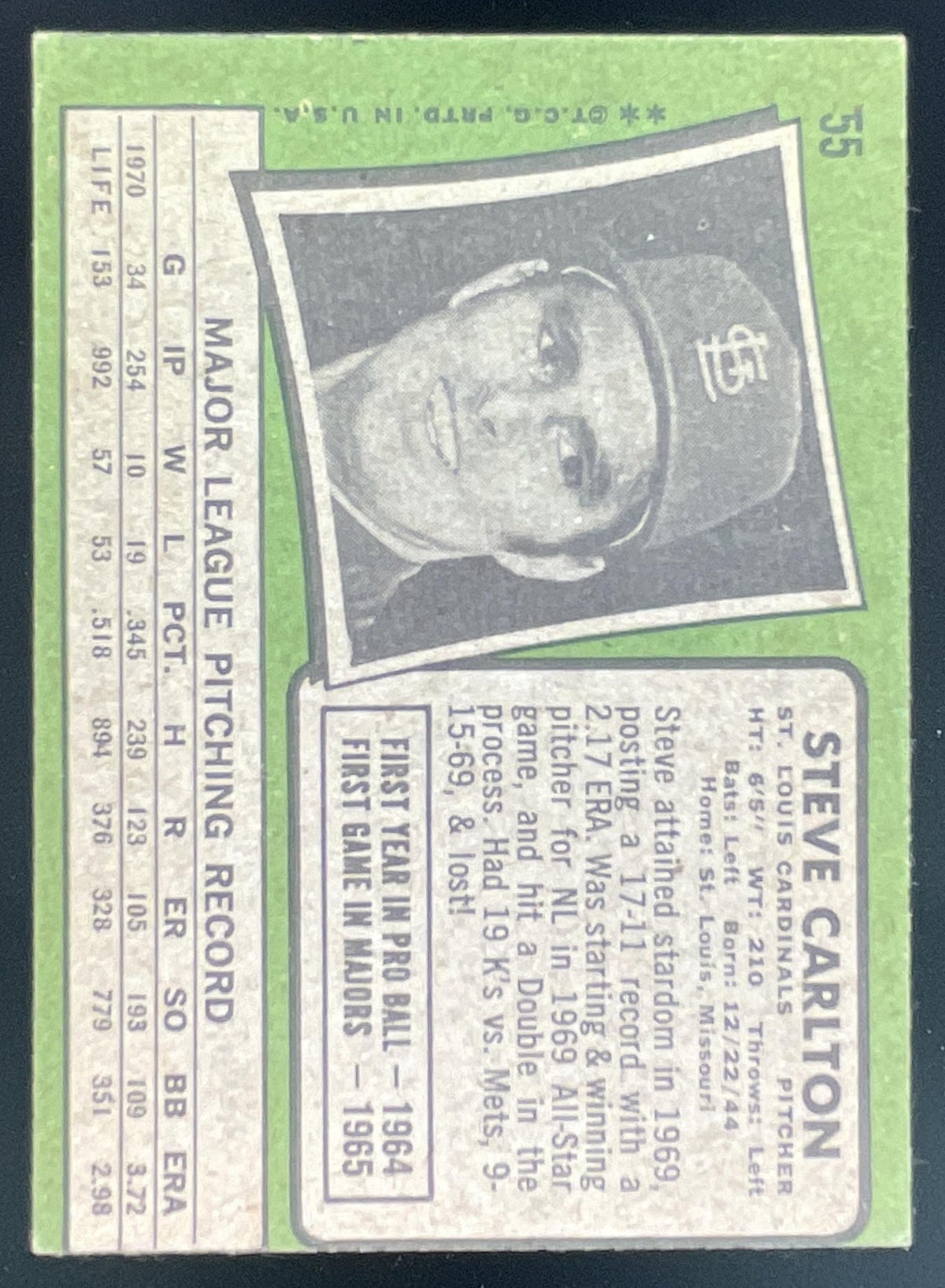 1971 Topps #55 Steve Carlton product image 2, provided for visual reference and product detail review