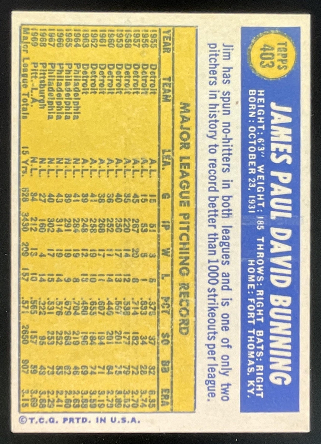 1970 Topps #403 Jim Bunning product image 2, provided for visual reference and product detail review