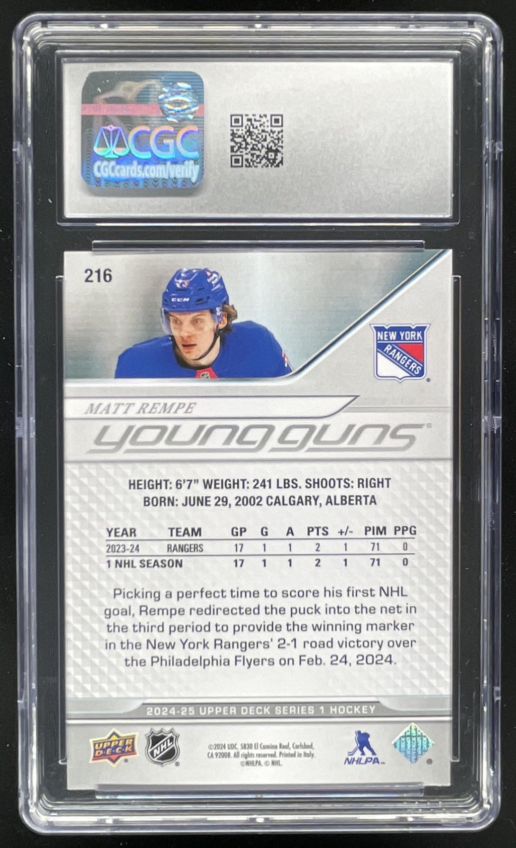 2024-25 Upper Deck #216 Matt Rempe Young Guns RC CGC 10 product image 2, provided for visual reference and product detail