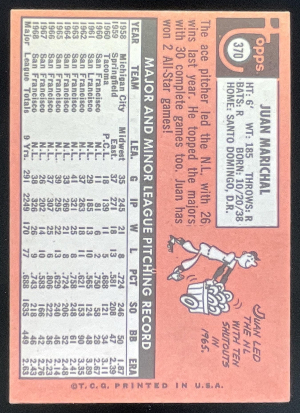 1969 Topps #370 Juan Marichal product image 2, provided for visual reference and product detail review