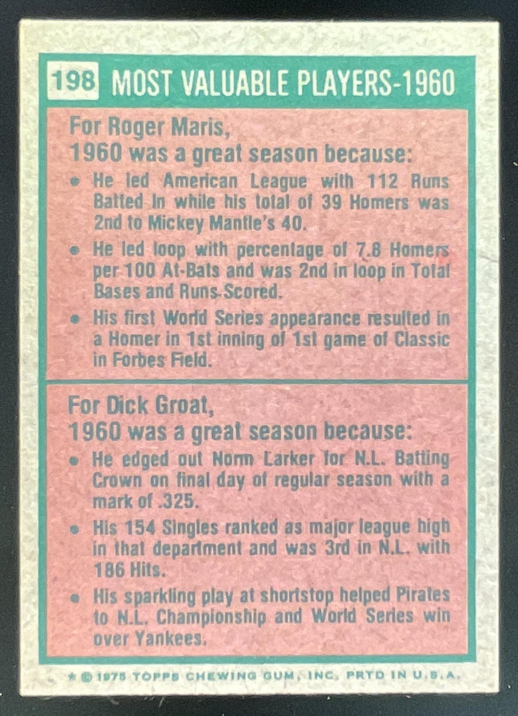 1975 Topps #198 1960s Roger Maris Dick Groat MVP product image 2, provided for visual reference and product detail review