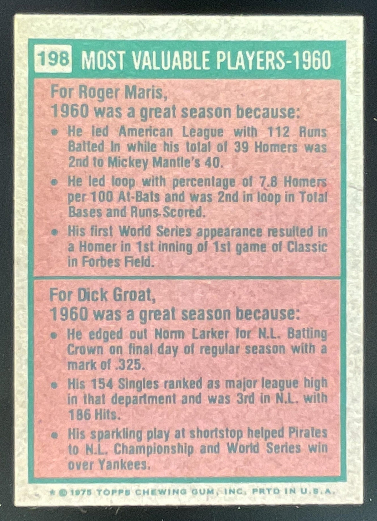 1975 Topps #198 1960s Roger Maris Dick Groat MVP product image 2, provided for visual reference and product detail review