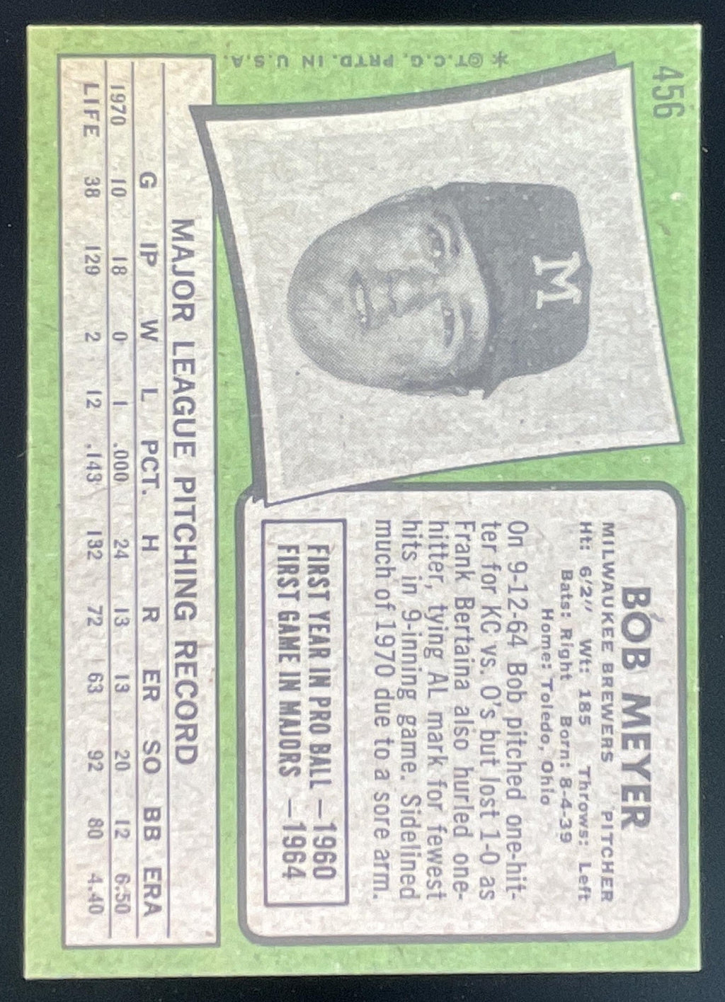 1971 Topps #456 Bob Meyer product image 2, provided for visual reference and product detail review