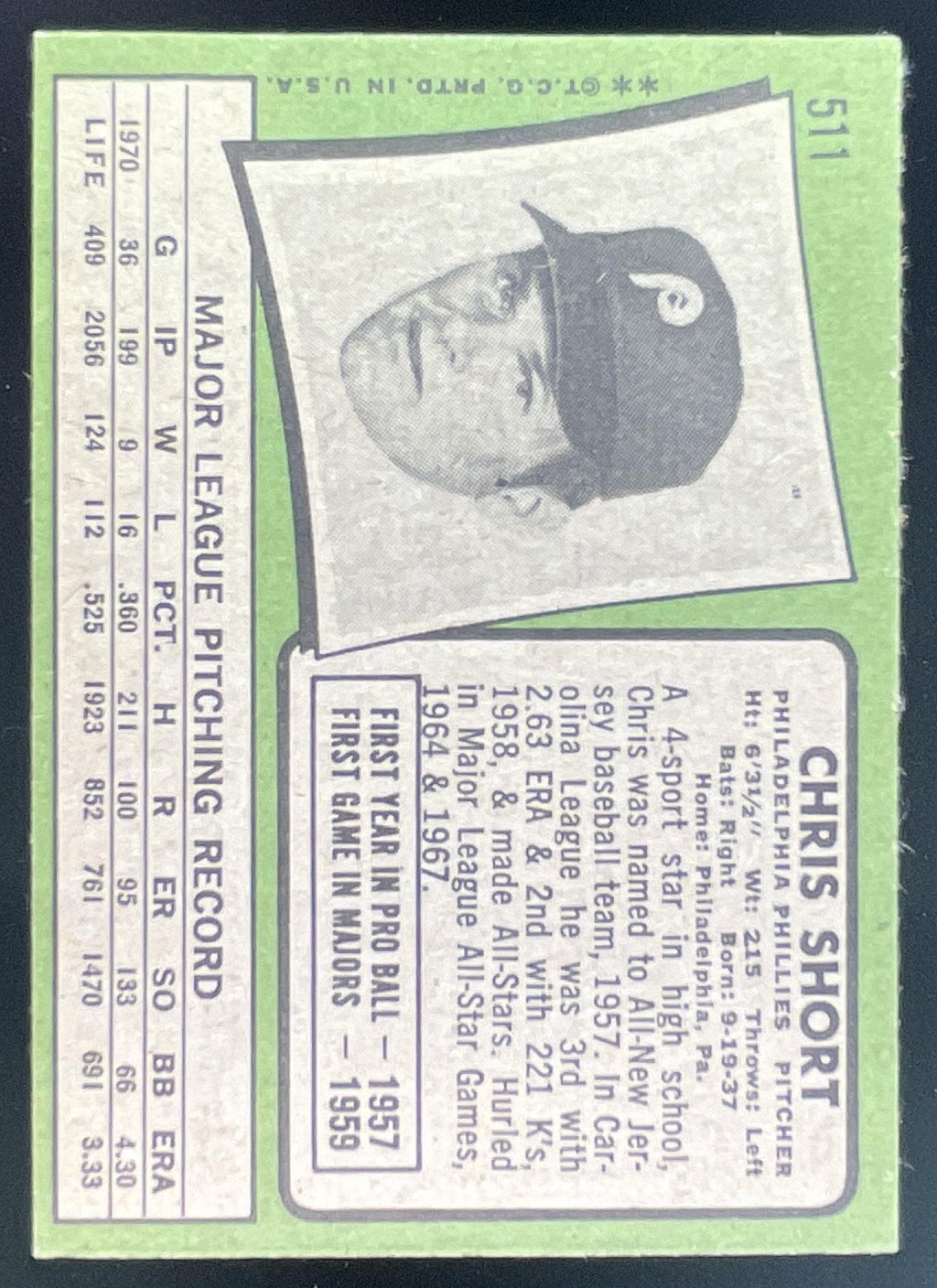 1971 Topps #511 Chris Short product image 2, provided for visual reference and product detail review