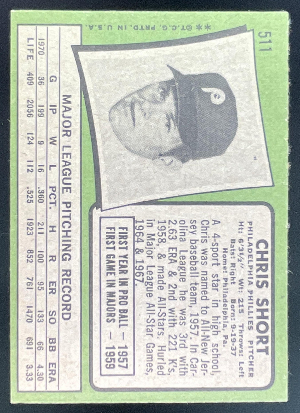 1971 Topps #511 Chris Short product image 2, provided for visual reference and product detail review