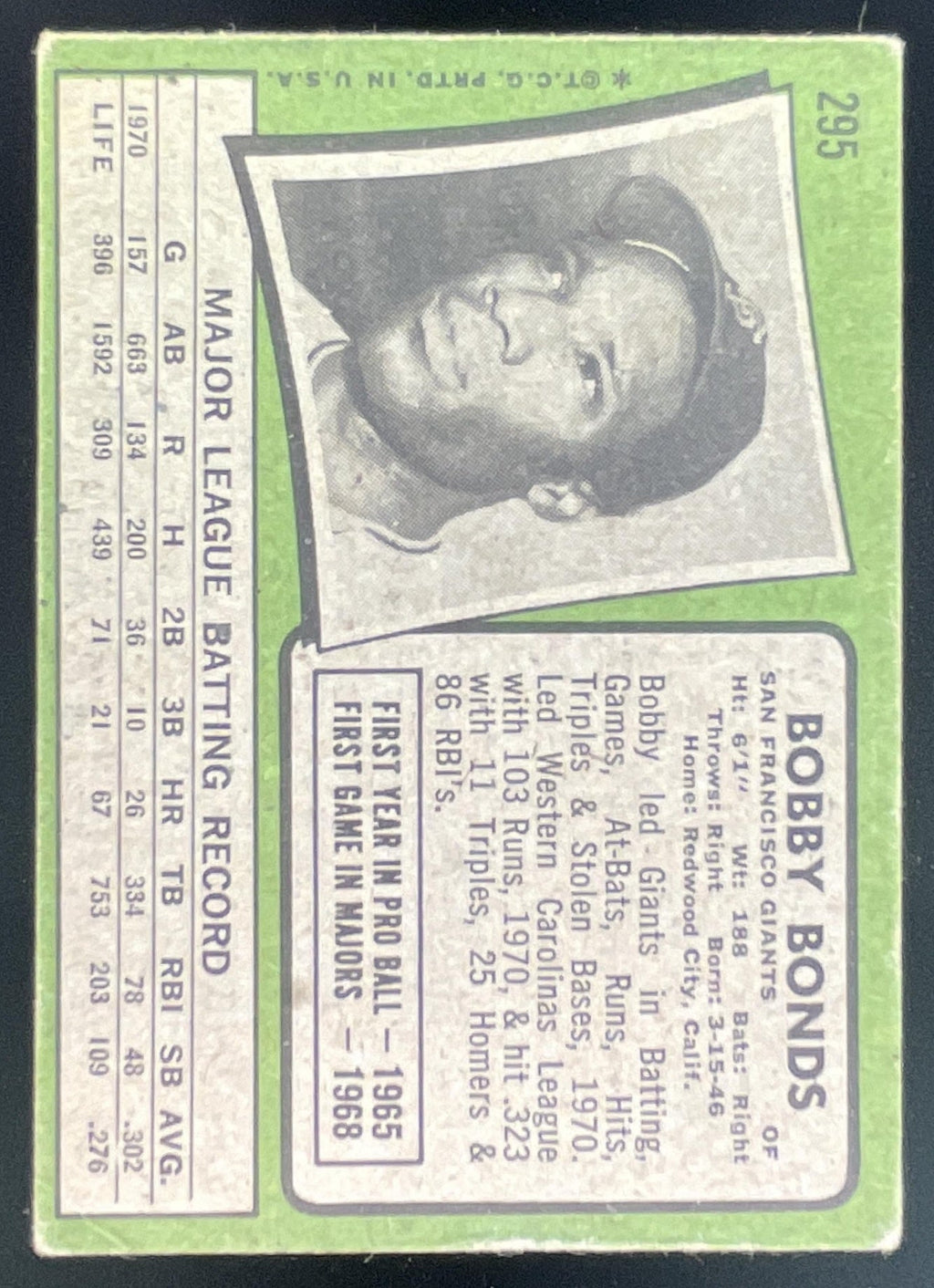 1971 Topps #295 Bobby Bonds product image 2, provided for visual reference and product detail review