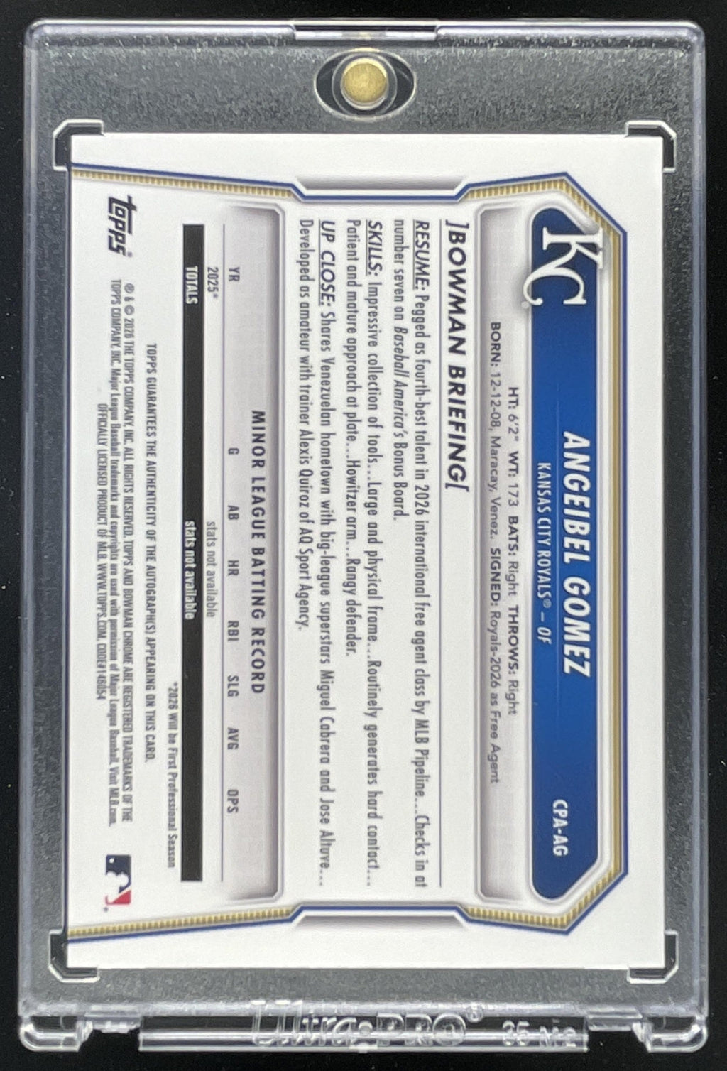 2026 Bowman Chrome Prospects Reptilian Blue #CPA-AG Angeibel Gomez RC Auto /150 product image 2, provided for visual