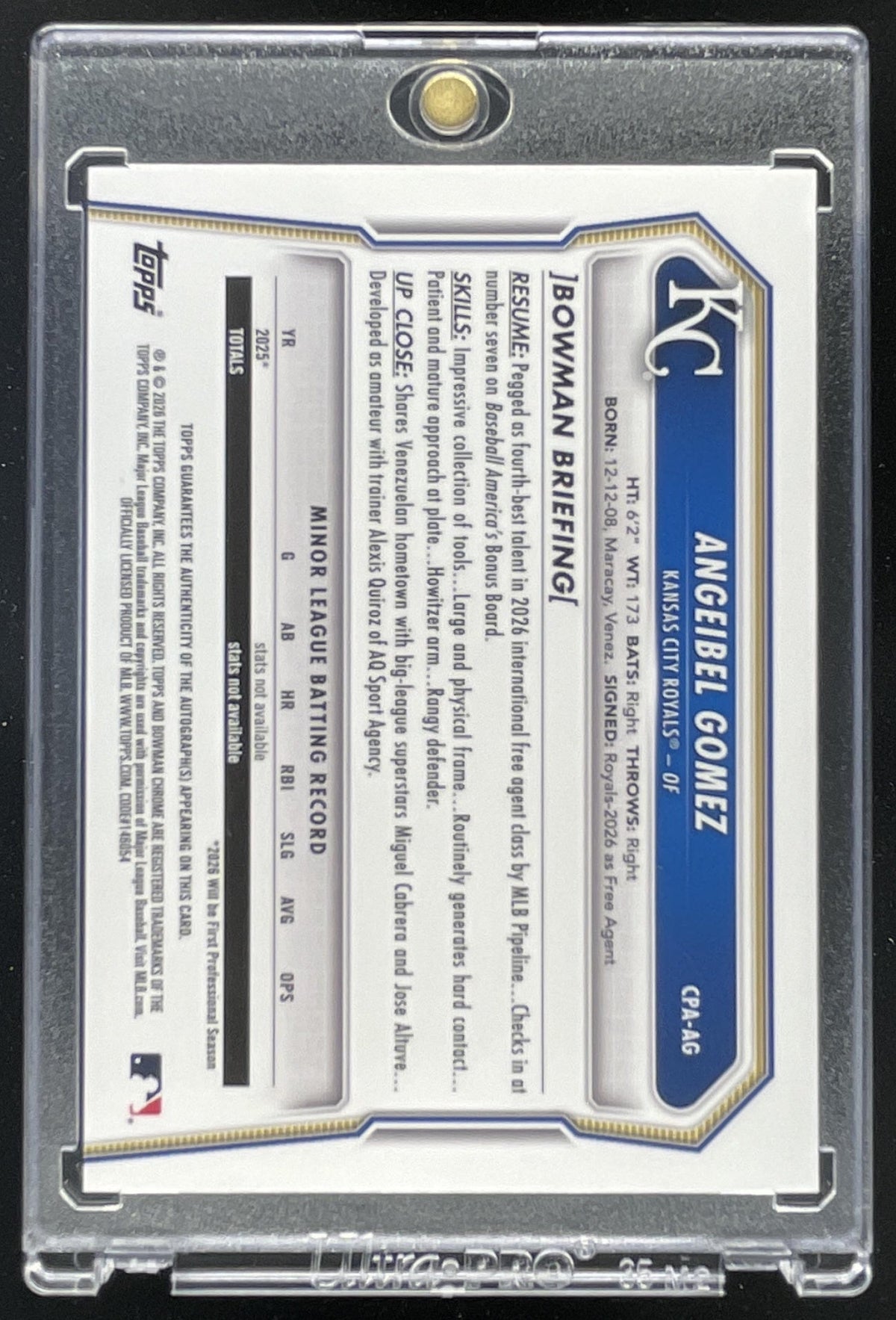 2026 Bowman Chrome Prospects Reptilian Blue #CPA-AG Angeibel Gomez RC Auto /150 product image 2, provided for visual