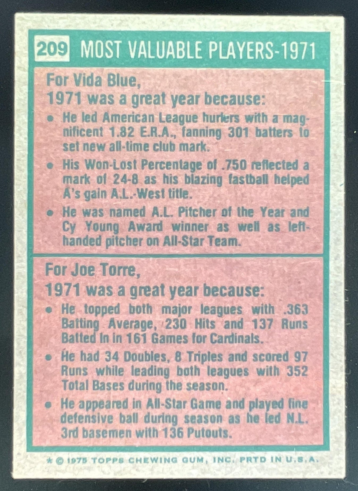 1975 Topps #209 1971s Vida Blue Joe Torre MVP product image 2, provided for visual reference and product detail review