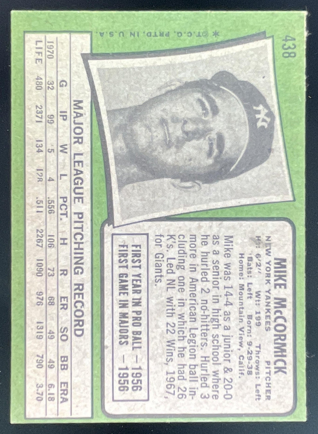 1971 Topps #438 Mike McCormick product image 2, provided for visual reference and product detail review