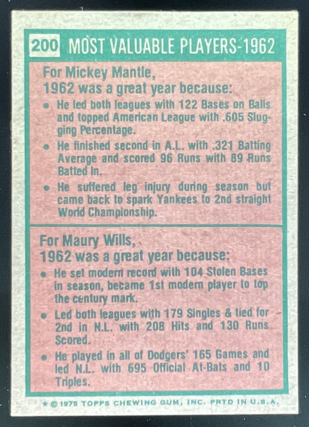 1975 Topps #200 1962s Mickey Mantle Maury Wills MVP product image 2, provided for visual reference and product detail review