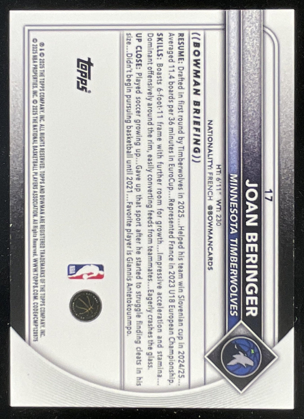 2025-26 Bowman Black Border #17 Joan Beringer RC /10 product image 2, provided for visual reference and product detail review